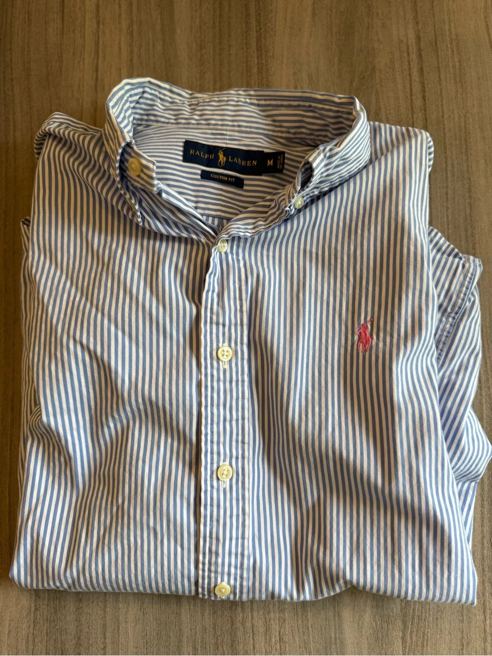 Ralph Lauren Blue & White Pinstripe Button-Down Shirt with Pink Pony - Picture 3 of 3